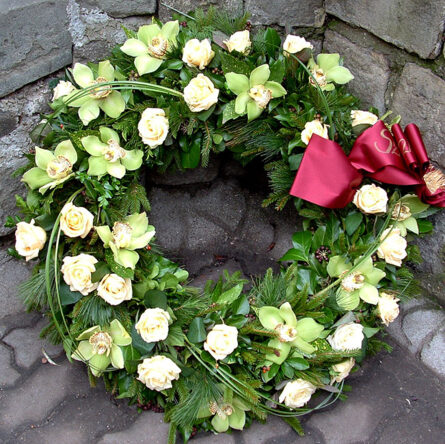 Greek Wreath cream roses and green orchids