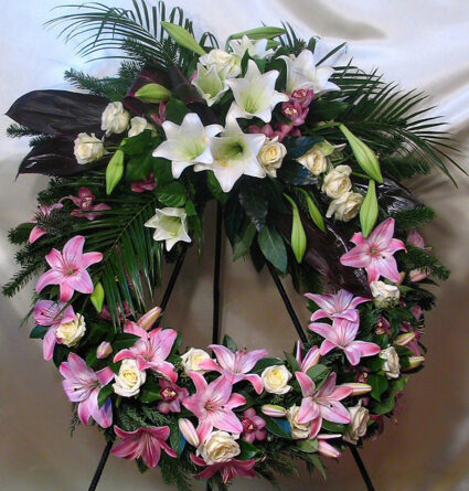 Greek wreath with lilies, roses, orchids