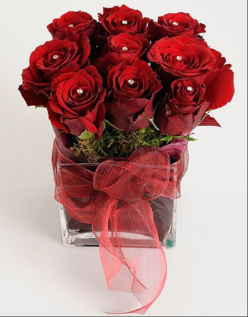 Swarovskis red roses glass cube
