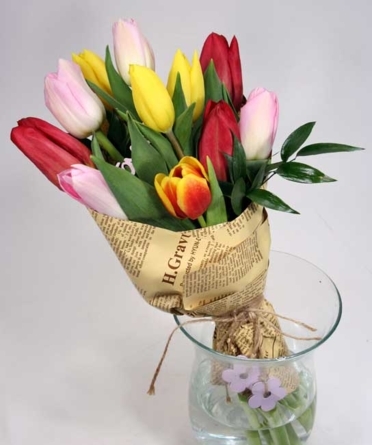 Colorful tulips in a paper funnel XL