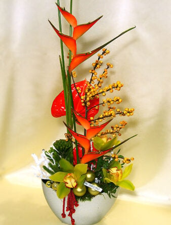 Exotic Christmas flower bowl with orchids and heliconia (Medium)