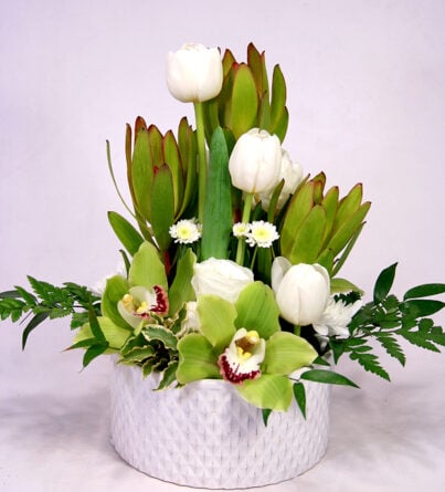 Flower bowl with tulips and orchids M