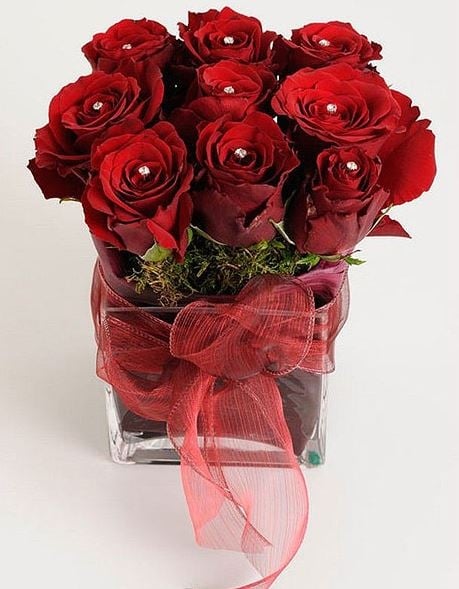 Swarovski red rose in a glass cube