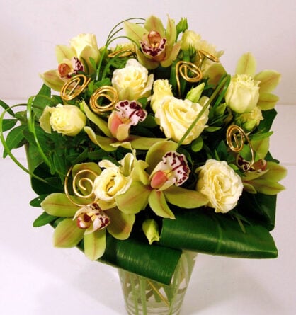 Green and gold - gift bouquet with orchids and lisianthus