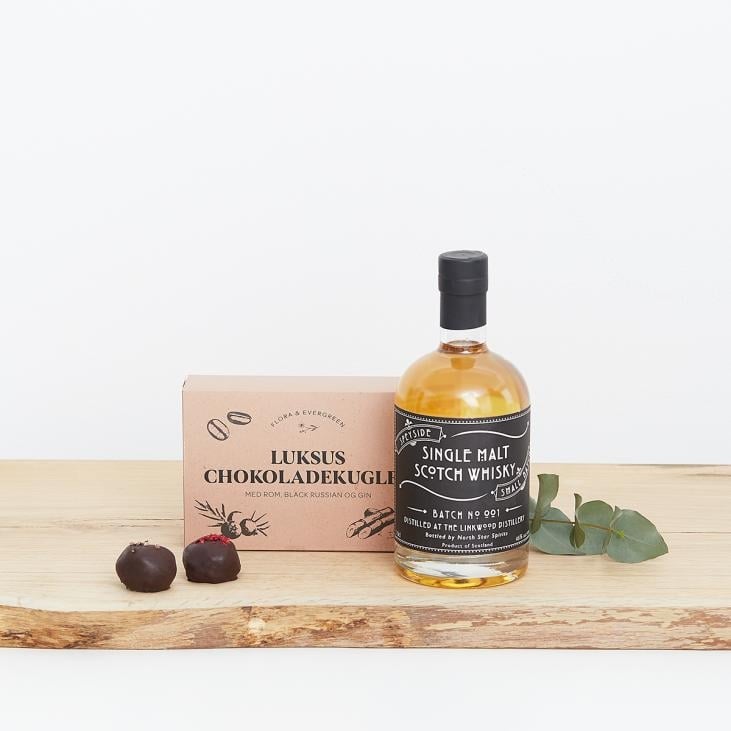 Linkwood whiskey with Flora and Evergreen Luxury chocolate balls