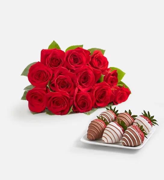 Red Roses & Drizzled Strawberries (12 Red Roses Bouquet Only & 6ct Gourmet Drizzled Strawberries)