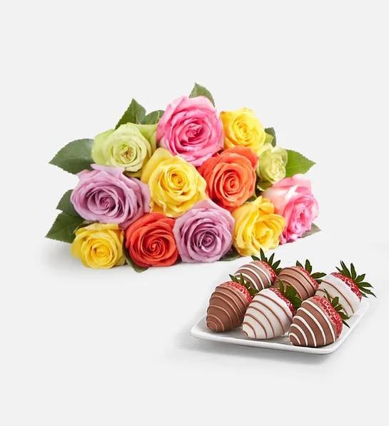 Assorted Roses & Drizzled Strawberries (12 Assorted Roses Bouquet Only & 6ct Gourmet Drizzled Strawberries)