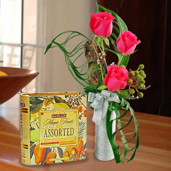Ceylon Tea Rose Flavour And  3 Hot Pink Roses Standing Bouquet