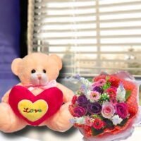 Artificial Flowers Posy & 15cm Love Teddy Bear