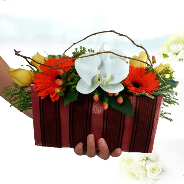 Phalaenopsis Orchids, Roses And  Gerberas Handbag Bouquet