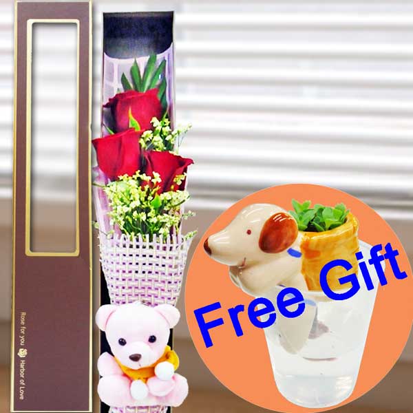 3 Red Roses And  Pink Bear In Gift Box