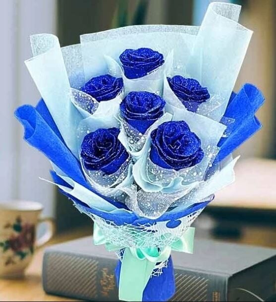 6 Shining Artificial Blue Roses Hand Bouquet