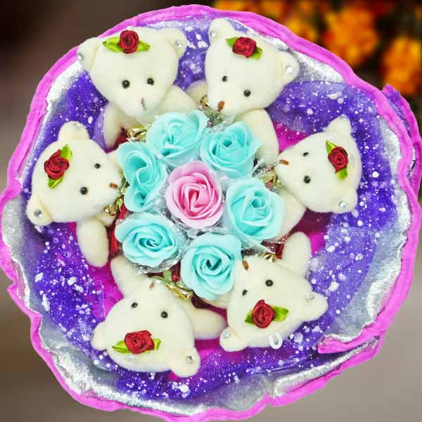 7 Soap Roses And  6 Mini Bears Hand Bouquet