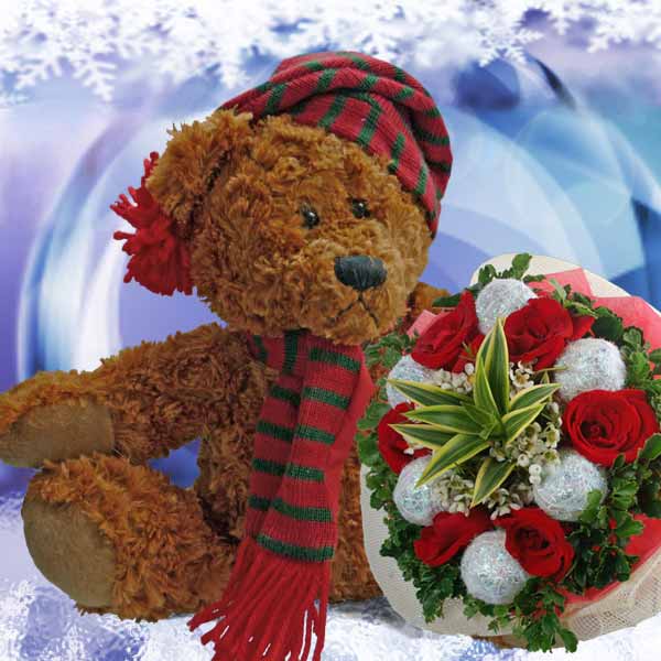 X'Mas Bear And  Roses Delivery