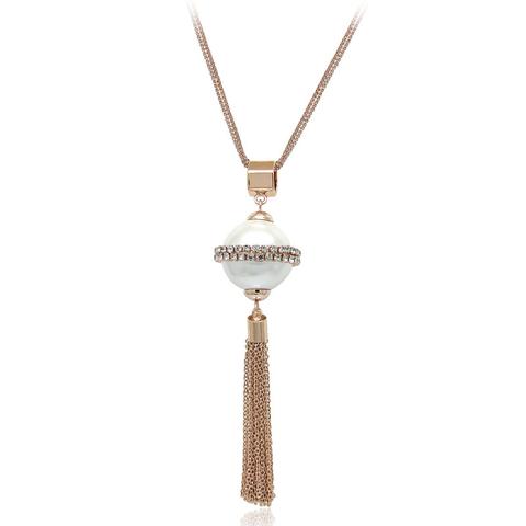Faux Pearl Rose Gold Tassel Necklace