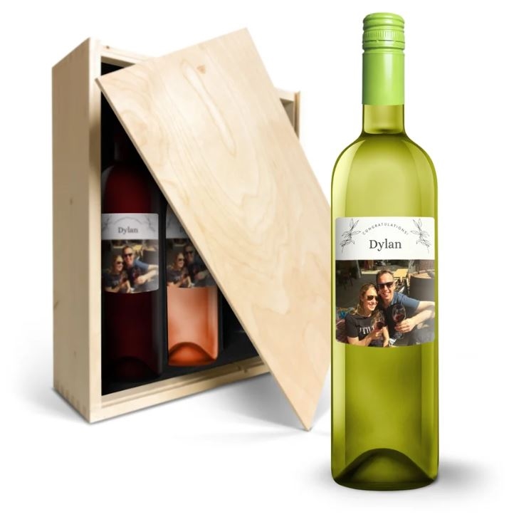 Wine Gift set with personalized label and wooden box - Oude Kaap (Wooden box with print)
