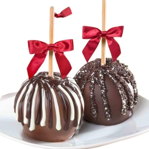 Milk and Dark Chocolate Covered Caramel Apples Pair in a Wooden Gift Crate
