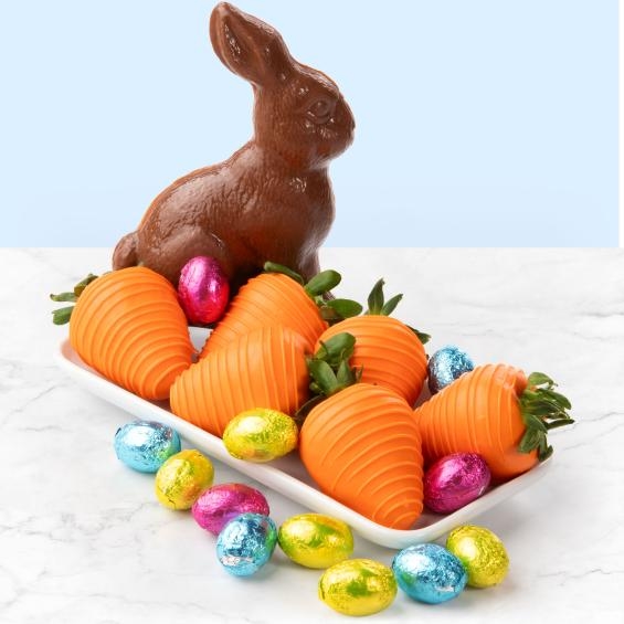Chocolate Easter Bunny with Eggs and Chocolate Covered Strawberries - 6ct