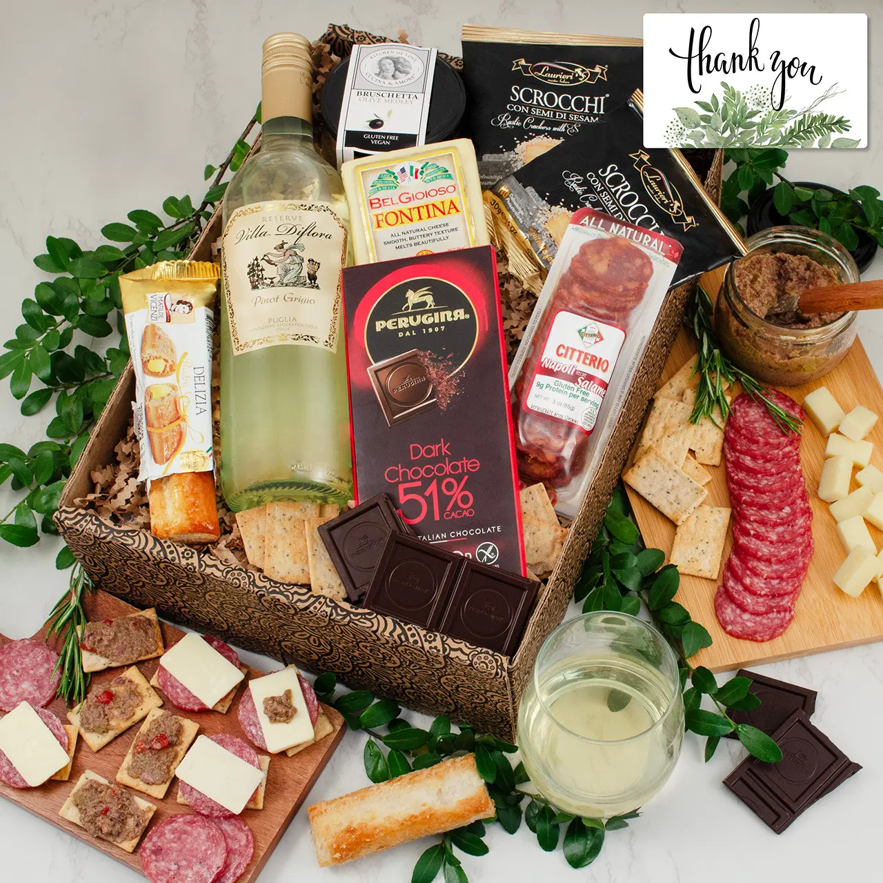 Mangia Con Gusto Italian White Wine & Antipasto Gift Box - Thank You