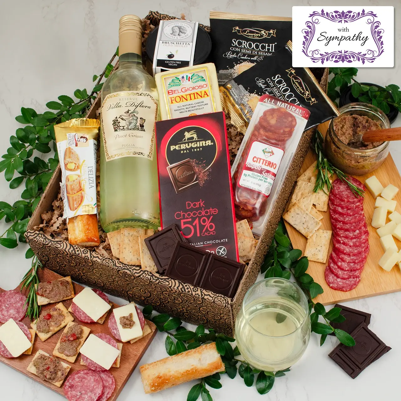 Mangia Con Gusto Italian White Wine & Antipasto Gift Box - Sympathy