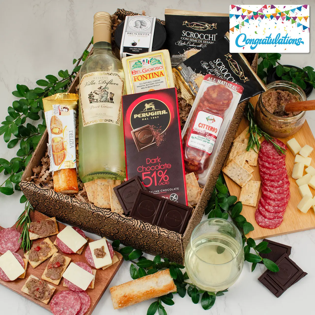 Mangia Con Gusto Italian White Wine & Antipasto Gift Box - Congratulations