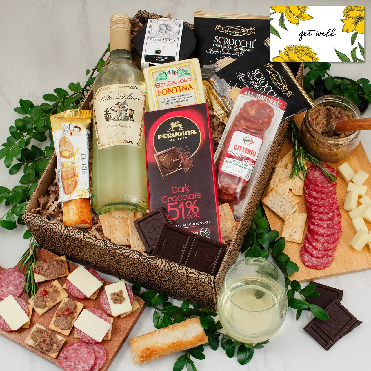 Mangia Con Gusto Italian White Wine & Antipasto Gift Box - Get Well