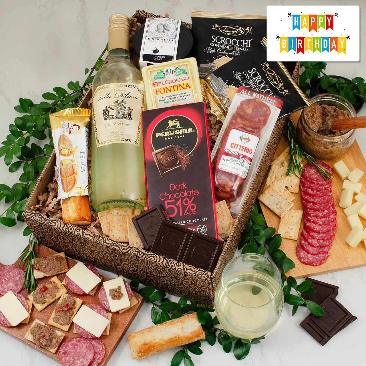 Mangia Con Gusto Italian White Wine & Antipasto Gift Box - Birthday