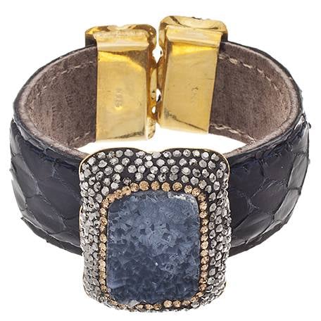 Black Leather 14K Gold over Sterling Silver Druzy Bracelet