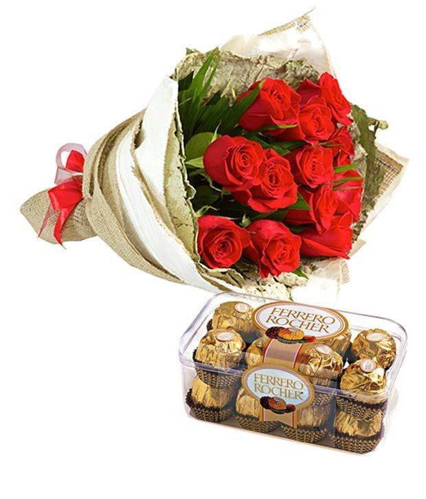10 Red roses bunch with 16 Ferrero Rocher (Small)