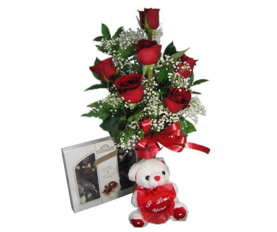 6 Red Roses With Chocolates And Free Teddy Bear