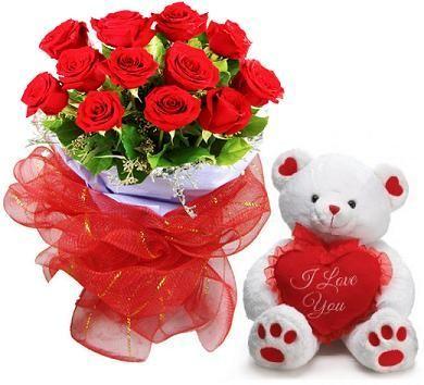 12 Red Roses And Small Teddy Bear
