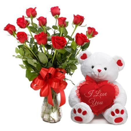 12 Red Roses Vase And Teddy Bear