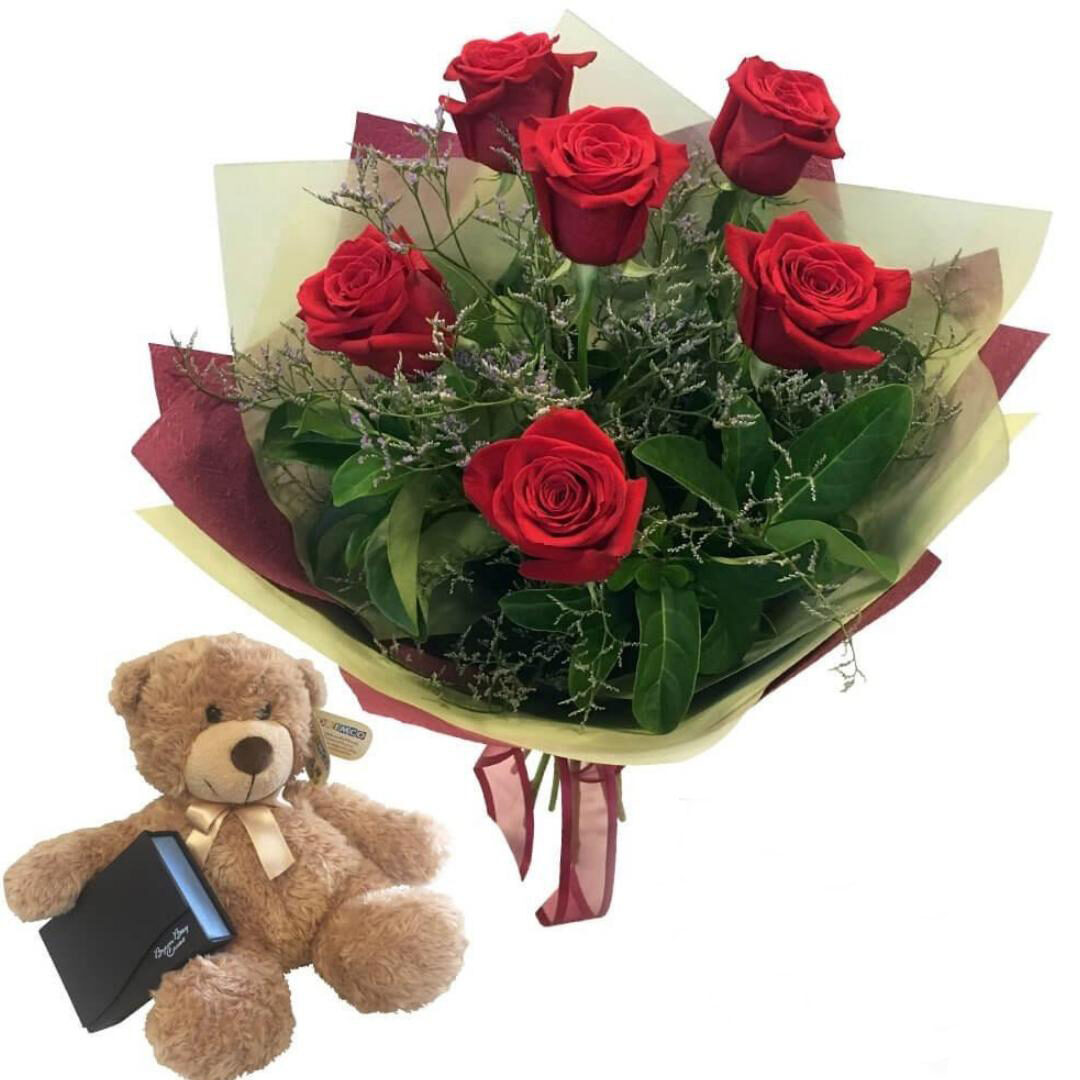 6 Red Roses And Free Teddy