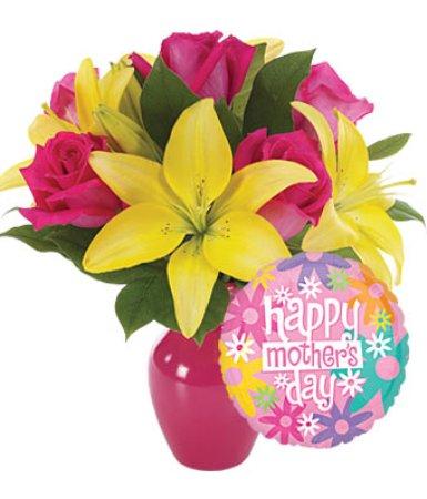 Yellow Lilies, Pink Roses Vase With 1 Mylar Balloon