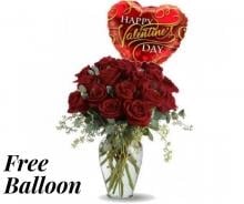 Red Roses Vase With Free Valentine Balloon