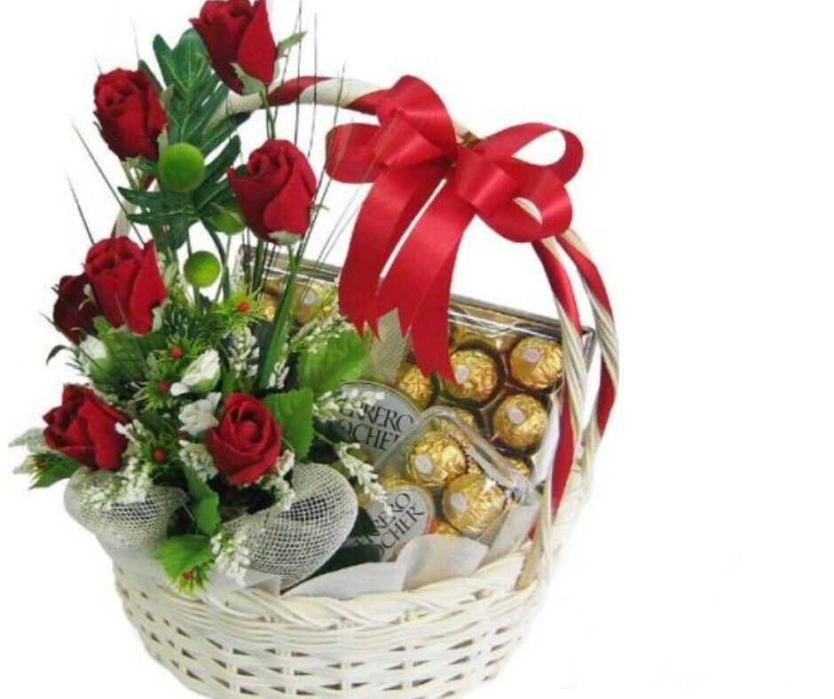 Basket Of Free Roses With 2 Boxes Of Ferrero Rocher Chocolates