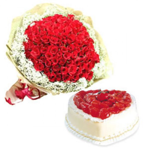 Bunch Of 50 Red Roses And 1.5 Kg Heart Shaped Strawberry Cake