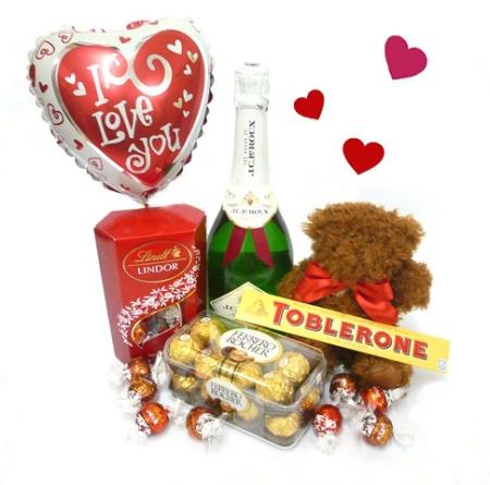 Ferrero Rocher, Toblerone, Sparkling Juice, Teddy Bear, Lindt Chocolates And Mylar Balloon