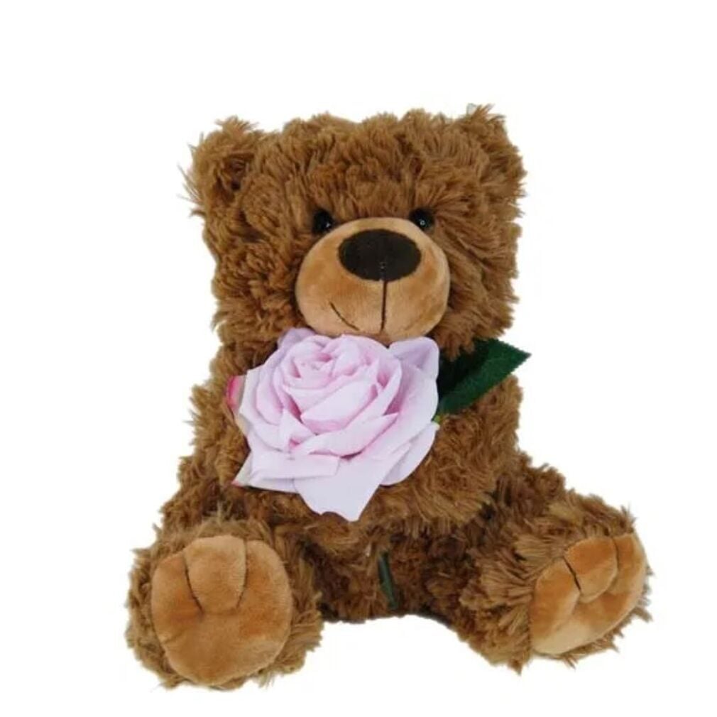 Valentines Brown Teddy Bear with Pink Rose by Elka