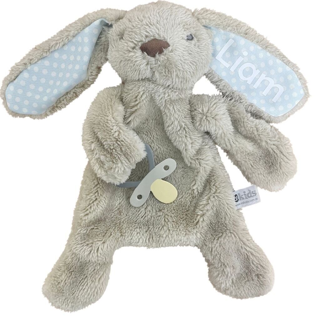 Personalised Bunny Baby Comforter with Dummy Holder by ES Kids Grey