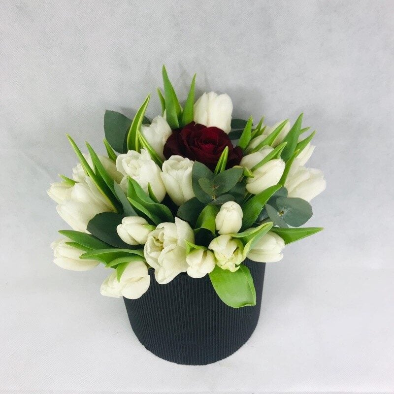 Flower box with white tulips and a rose (Compact)