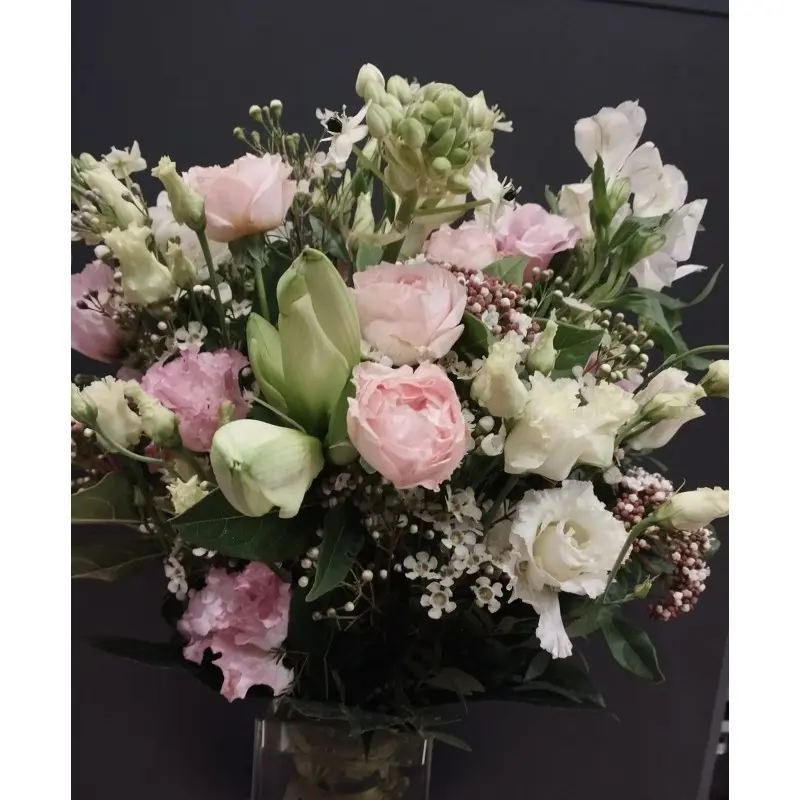A bright bouquet of flowers with lisianthus