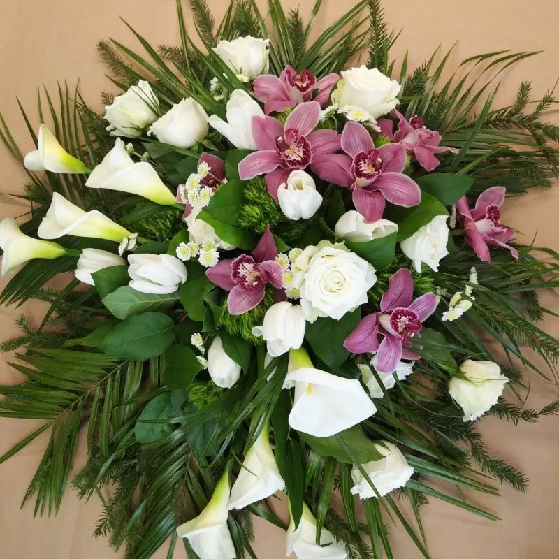 White with purple funeral wreath