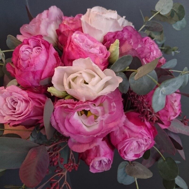 Pink flower bucket with eucalyptus (Compact)