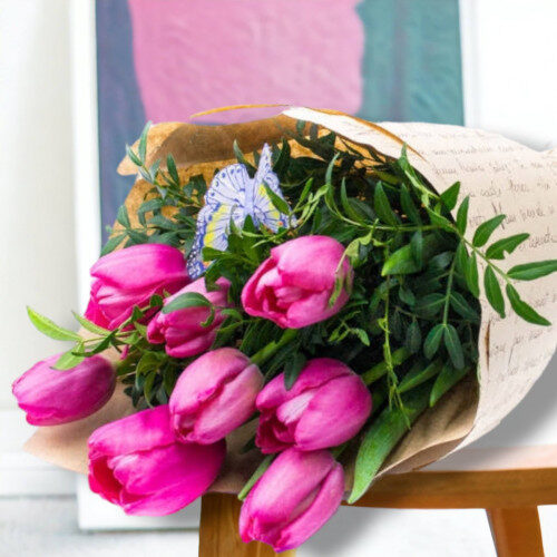 Spring Flower Bouquet with 9 Pink Tulips and Greenery