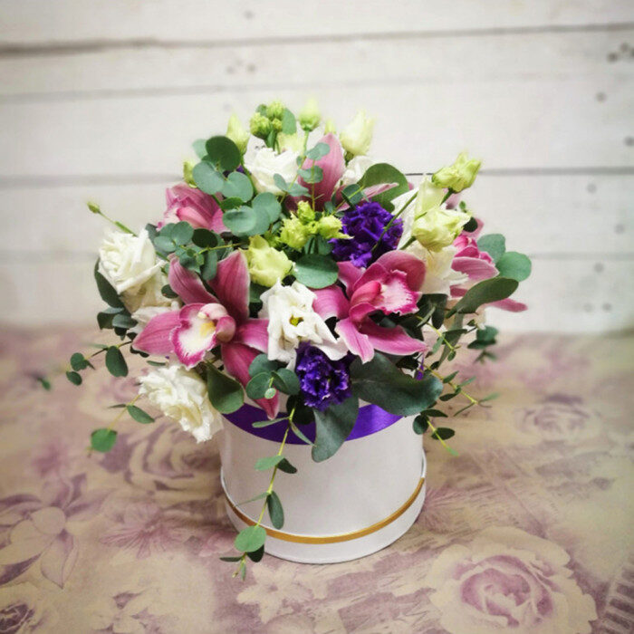 Orchids & Eustoma In Hat Box (Classic)