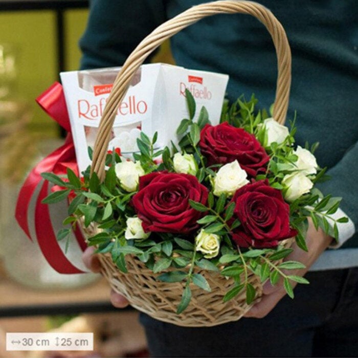 Basket With Roses & Rafaello