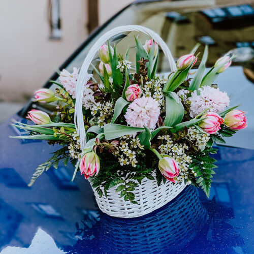 BASKET OF TULIPS AND HYACINTHS