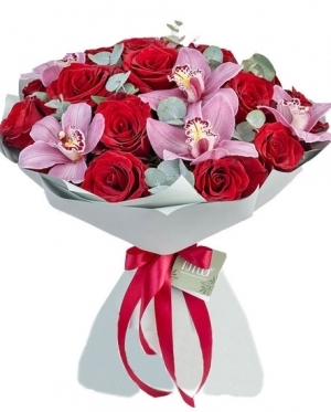 Orchids & Red Roses. 7 sizes bouquets (15 stems)