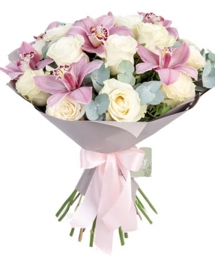 White Roses & Pink Orchids. 7 sizes bouquets (11 stems)